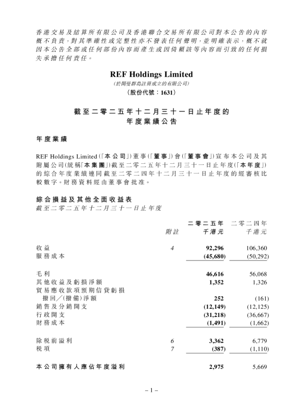 REF HOLDINGS：截至二零二五年十二月三十一日止年度的年度业绩公告
