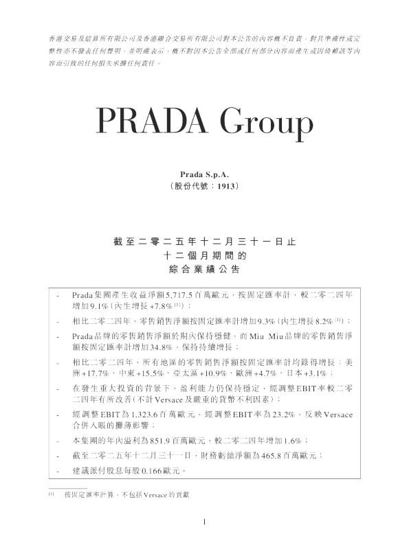 普拉达：截至二零二五年十二月三十一日止十二个月期间的综合业绩公告