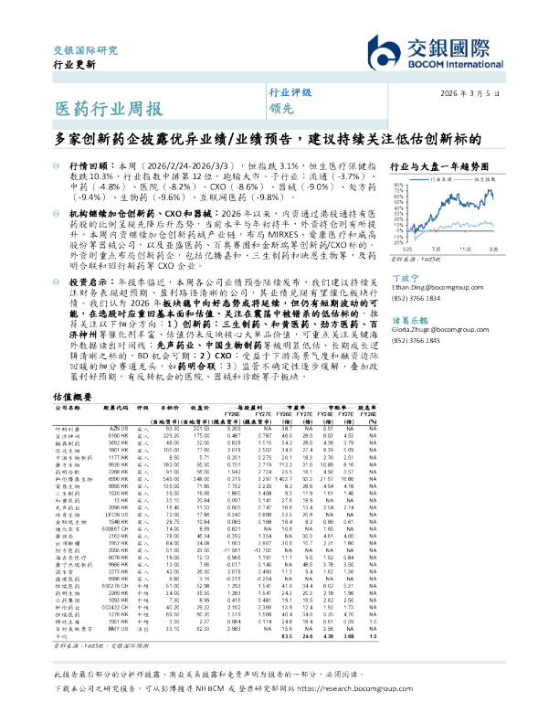 医药行业周报：多家创新药企披露优异业绩/业绩预告，建议持续关注低估创新标的