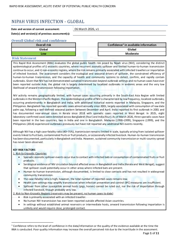 世界卫生组织快速风险评估——尼帕病毒——全球——第1版