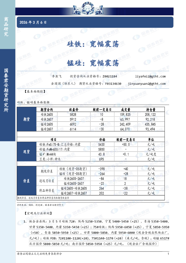 硅铁：宽幅震荡 锰硅：宽幅震荡