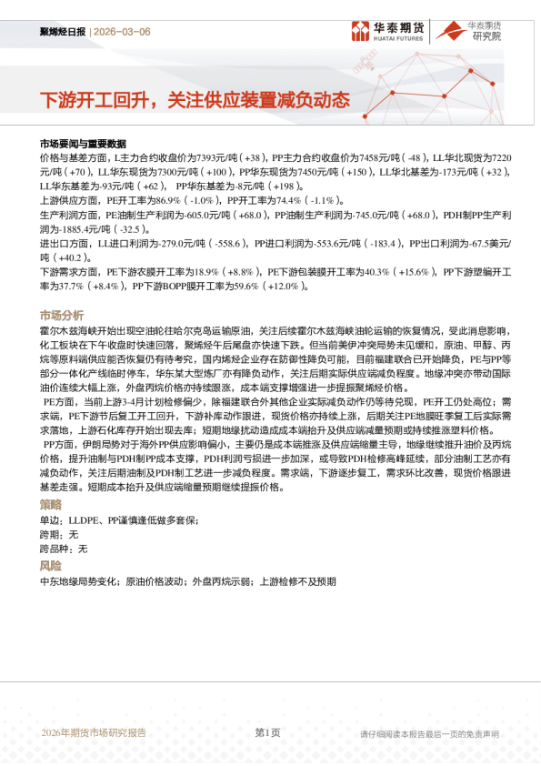 聚烯烃日报：下游开工回升，关注供应装置减负动态