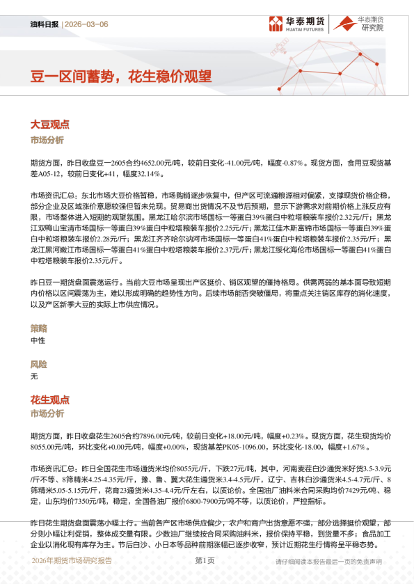 油料日报：豆一区间蓄势，花生稳价观望
