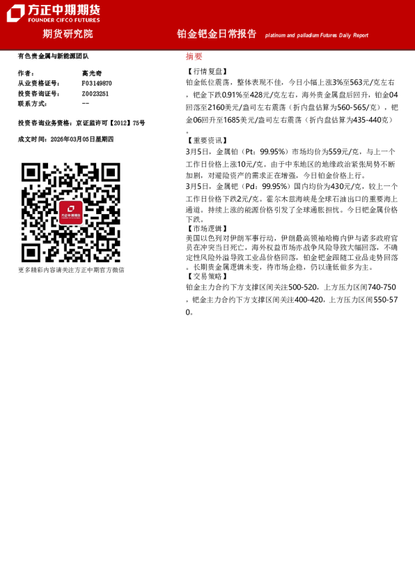 platinum and palladium Futures Daily Report：铂金钯金日常报告