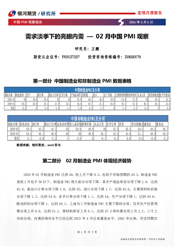 【银河期货】极目宏观系列报告：中国2026年02月PMI观察-需求淡季下的亮眼内需