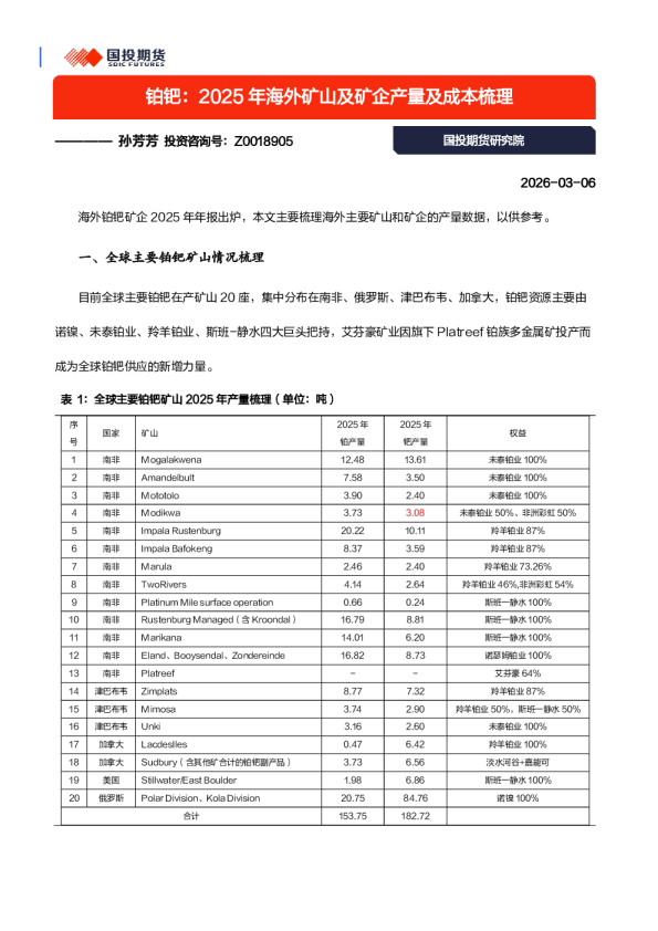 铂钯：2025年海外矿山及矿企产量及成本梳理