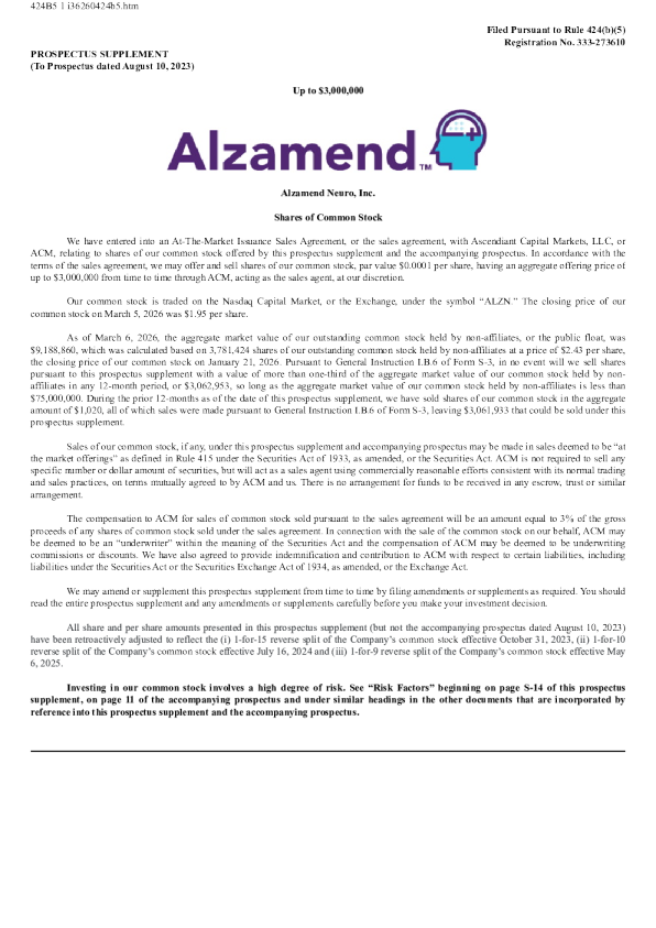 Alzamend Neuro Inc 美股招股说明书（2026年3月6日版本）
