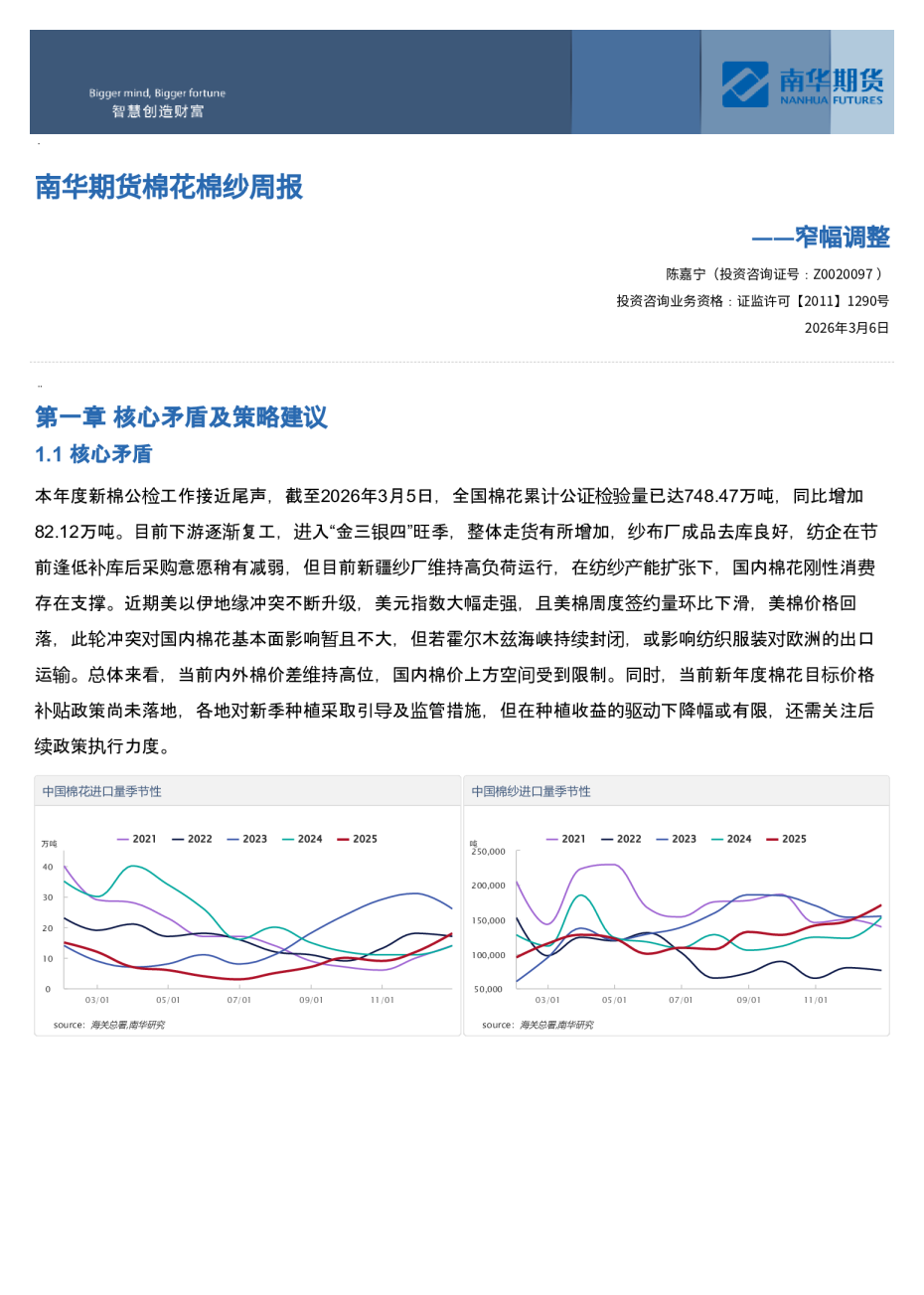 南华期货棉花棉纱周报：窄幅调整