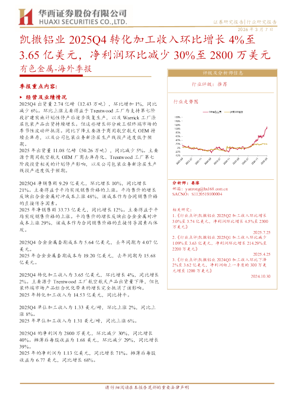 凯撒铝业2025Q4转化加工收入环比增长4%至3.65亿美元，净利润环比减少30%至2800万美元