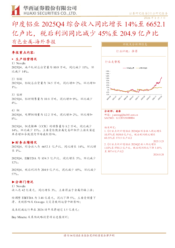 有色金属海外季报：印度铝业2025Q4综合收入同比增长14%至6652.1亿卢比，税后利润同比减少45%至204.9亿卢比