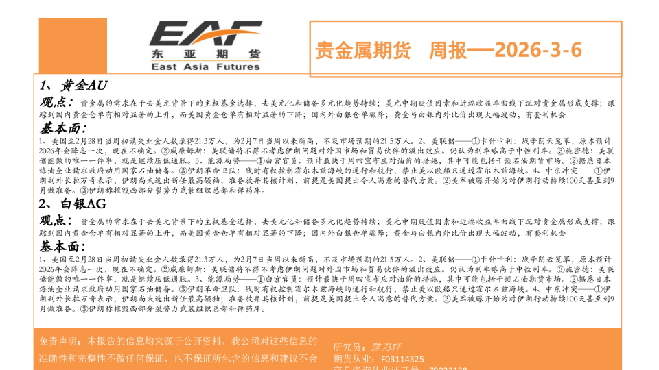贵金属期货周报