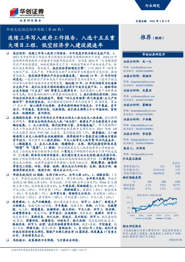 华创交运 低空经济周报（第66期）：连续三年写入政府工作报告，入选十五五重大项目工程，低空经济步入建设提速年