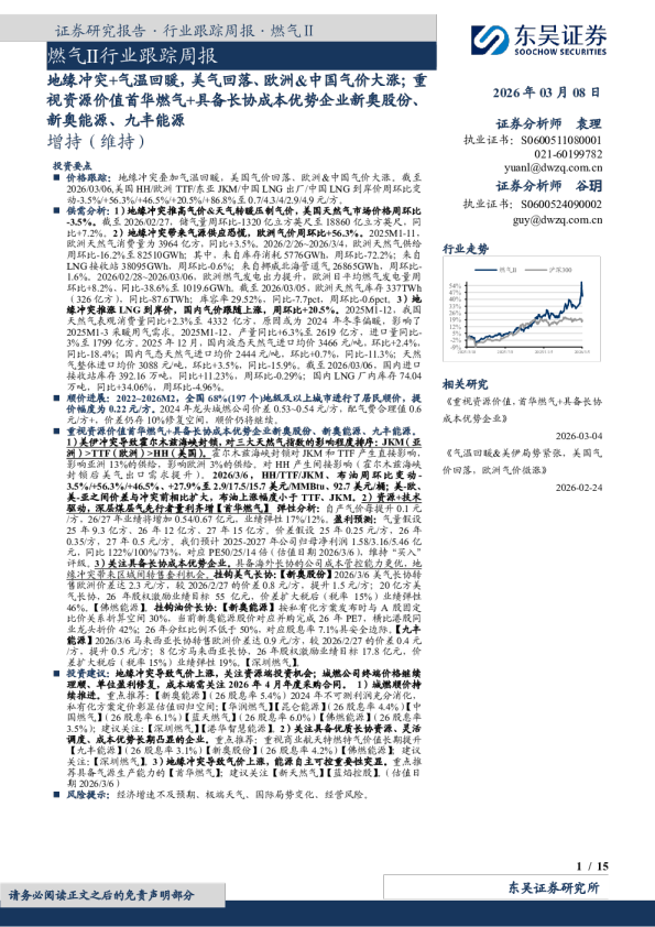 燃气Ⅱ行业跟踪周报：地缘冲突+气温回暖，美气回落、欧洲&中国气价大涨；重视资源价值首华燃气+具备长协成本优势企业新奥股份、新奥能源、九丰能源