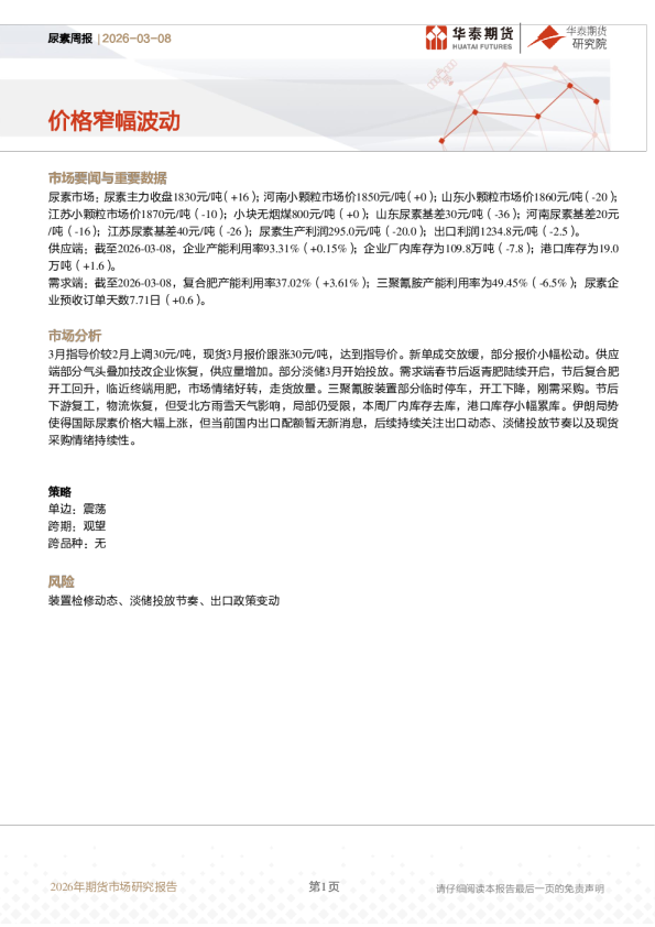 尿素周报：价格窄幅波动