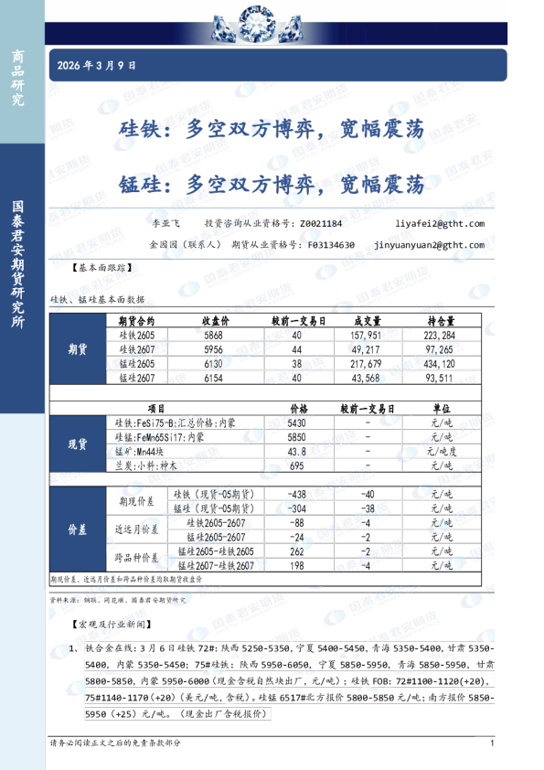 硅铁：多空双方博弈，宽幅震荡 锰硅：多空双方博弈，宽幅震荡