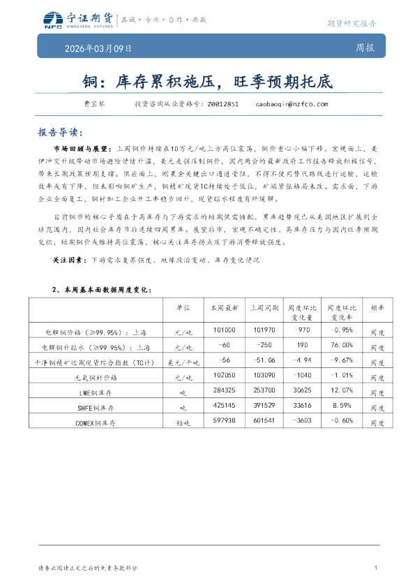 铜：库存累积施压，旺季预期托底