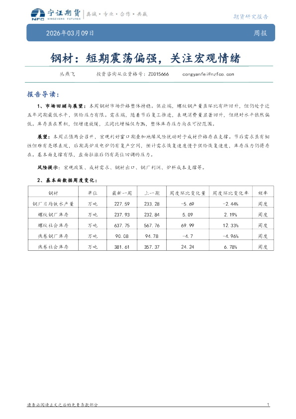 钢材：短期震荡偏强，关注宏观情绪