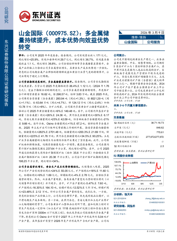 山金国际（000975.SZ）：多金属储量持续提升，成本优势向效益优势转变