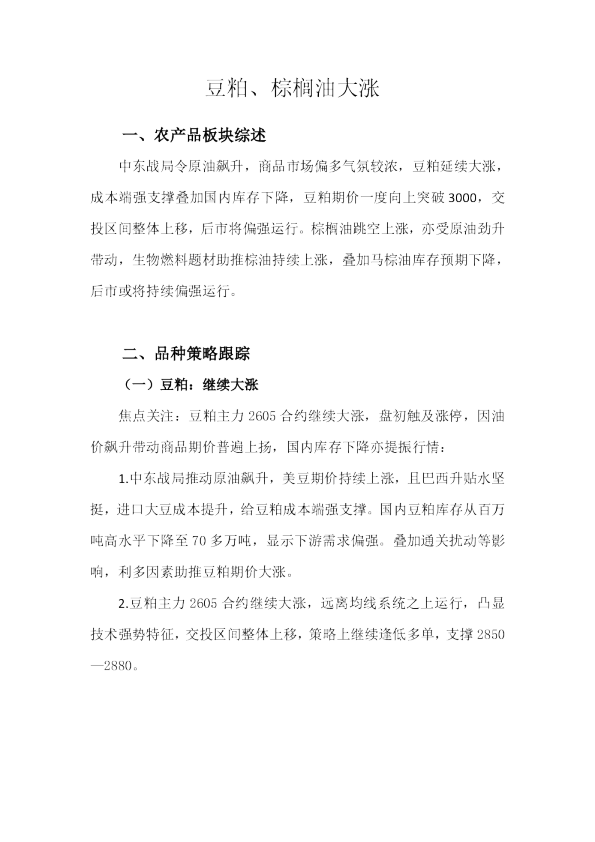 豆粕、棕榈油大涨