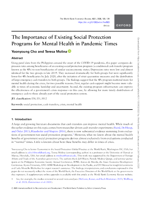 流行病时期现有社会保护计划对心理健康的重要性