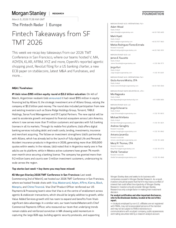 金融科技雷达 | 欧洲 2026年旧金山TMT会议金融科技要点

Financial Technology Radar | Europe's 2026 San Francisco TMT Conference Key Points on Fintech
