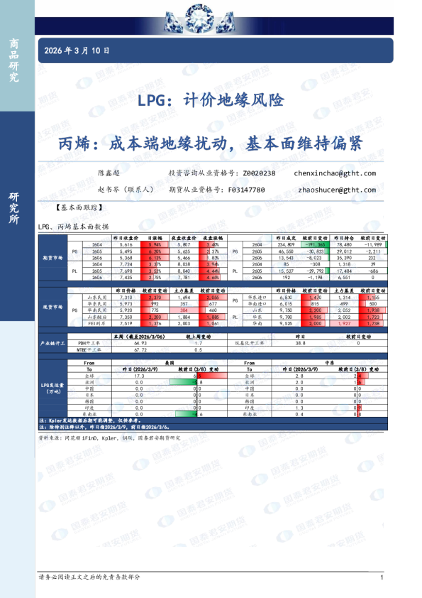 LPG：计价地缘风险 丙烯：成本端地缘扰动，基本面维持偏紧