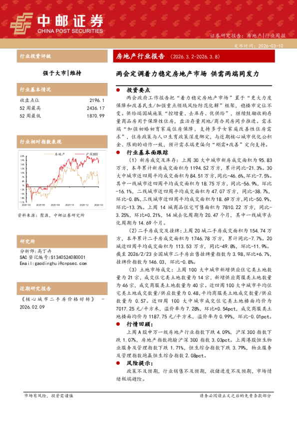 房地产行业报告（2026.3.2-2026.3.8）：两会定调着力稳定房地产市场，供需两端同发力