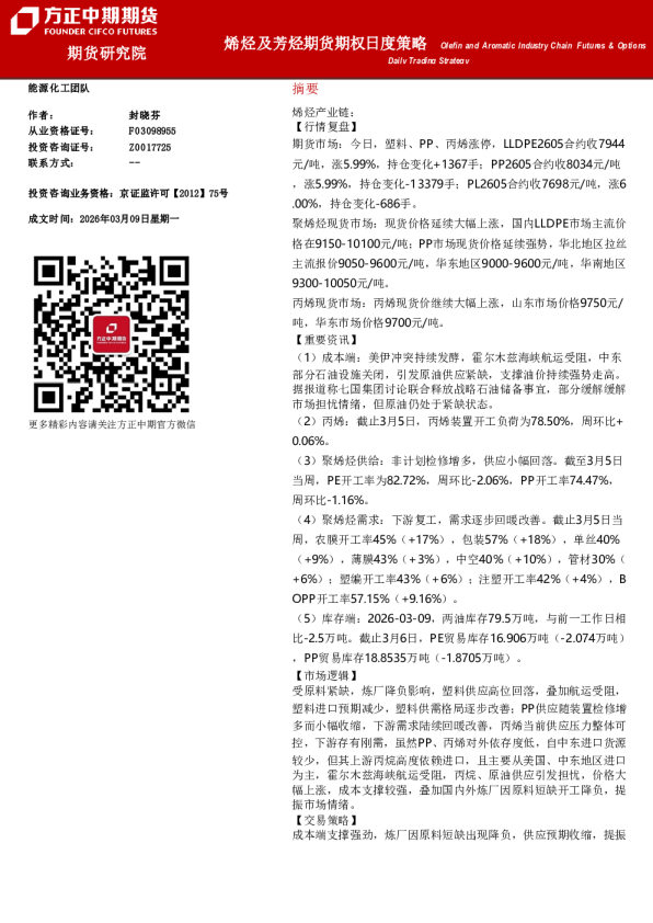 Olefin and Aromatic Industry Chain Futures & Options Daily Trading Strategy:烯烃及芳烃期货期权日度策略