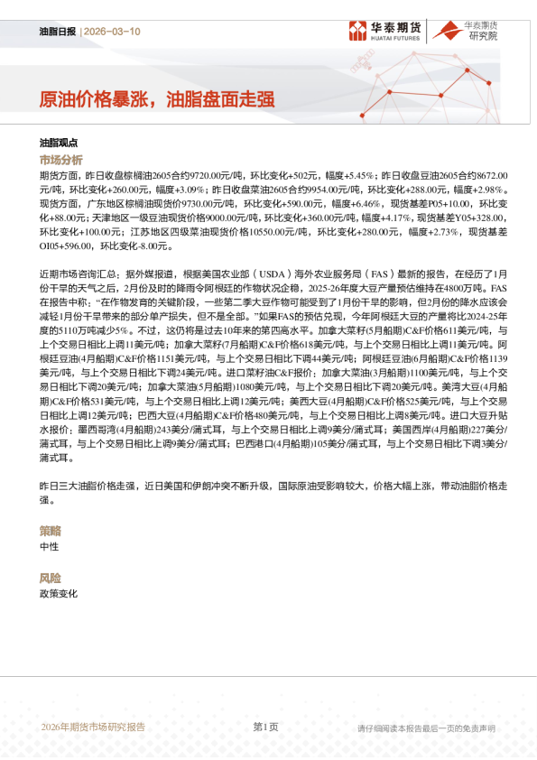 油脂日报:原油价格暴涨,油脂盘面走强