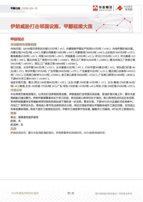 甲醇日报:伊朗威胁打击邻国设施,甲醇延续大涨