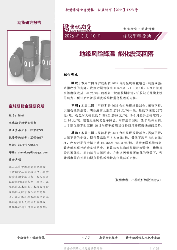 橡胶甲醇原油日报:地缘风险降温 能化震荡回落