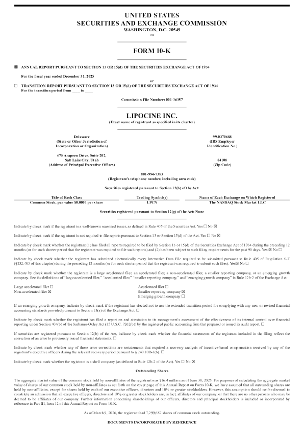 Lipocine Inc 2025年度报告