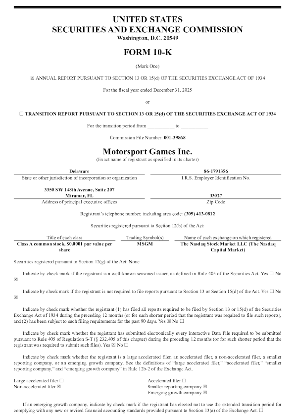 Motorsport Games Inc-A 2025年度报告