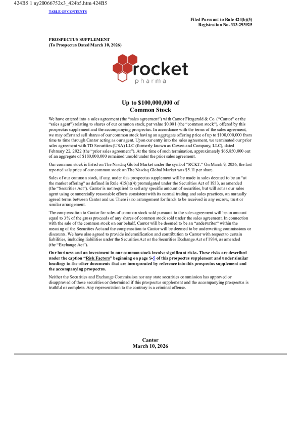 Rocket Pharmaceuticals Inc美股招股说明书(2026-03-10版)