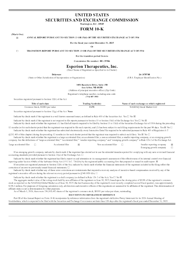 埃斯佩里恩治疗公司 2025年度报告