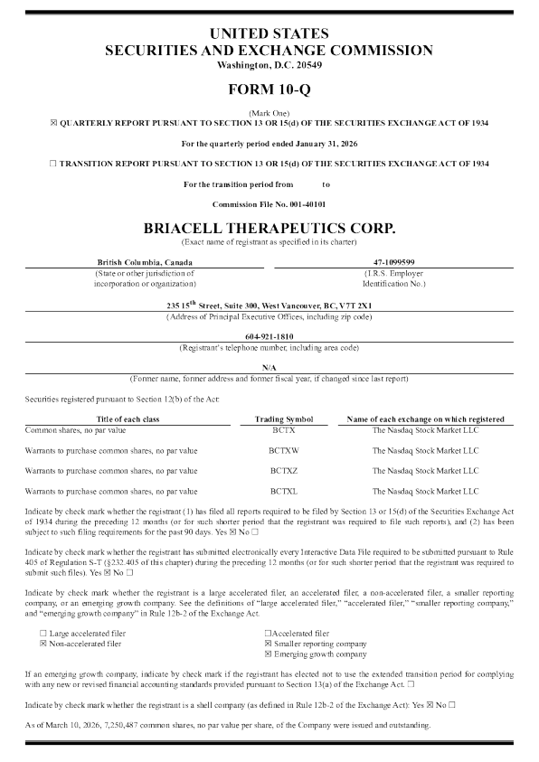 BriaCell Therapeutics Corp 2026年季度报告