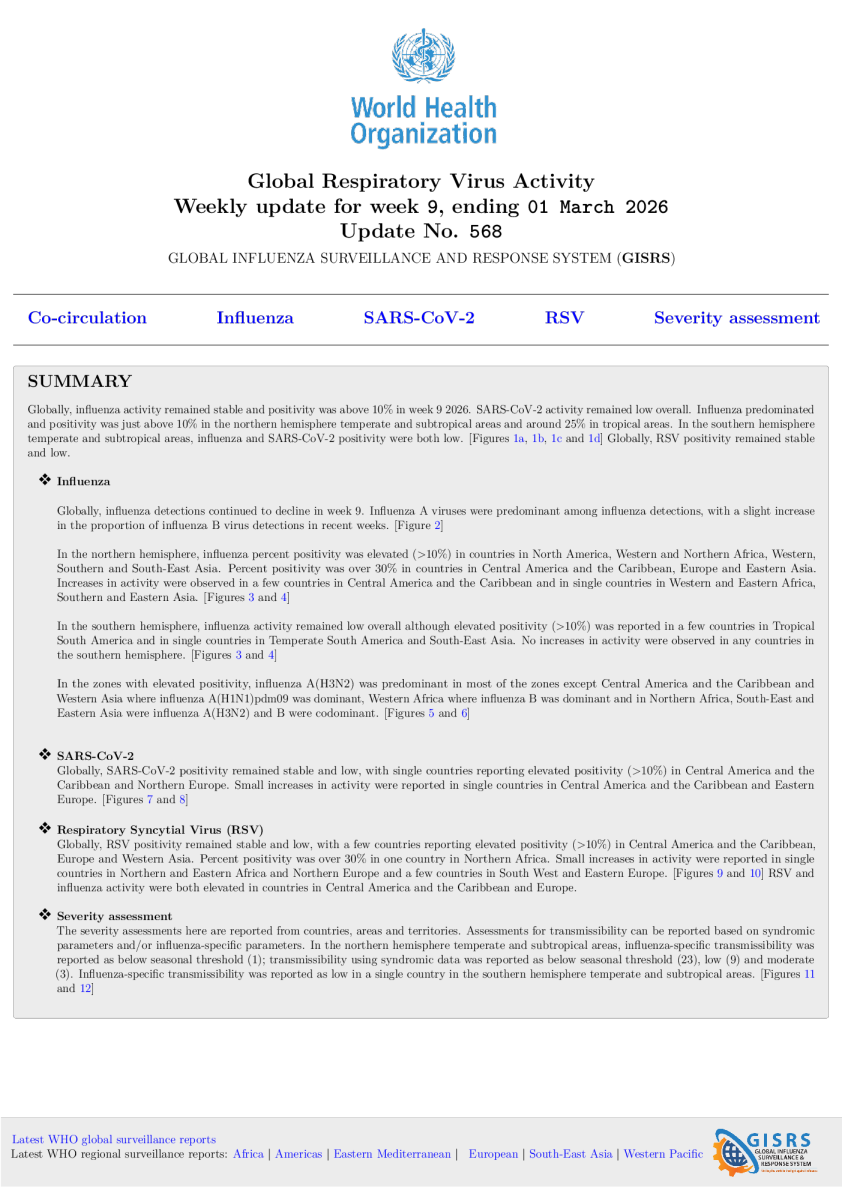 全球呼吸道病毒活动：每周更新568号