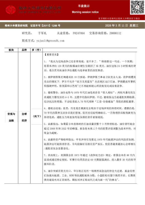 格林大华期货早盘提示