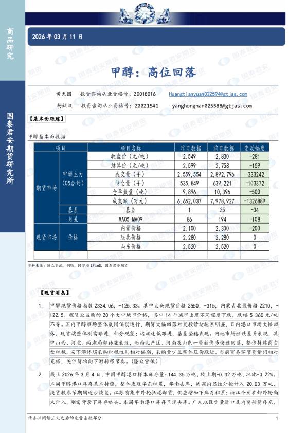 甲醇：高位回落
