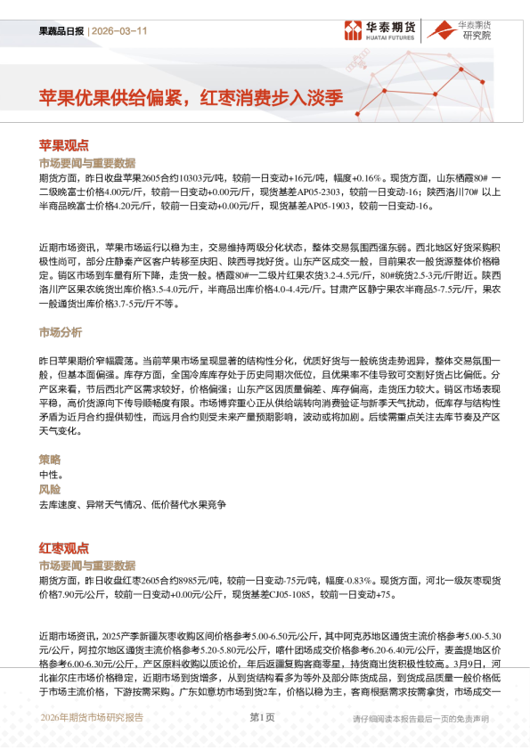 果蔬品日报:苹果优果供给偏紧,红枣消费步入淡季