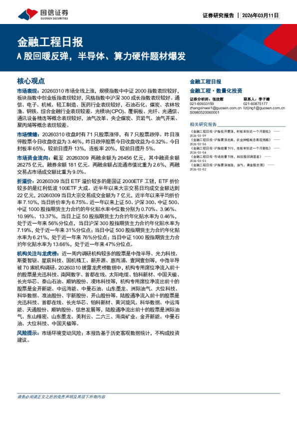 金融工程日报:A股回暖反弹,半导体、算力硬件题材爆发