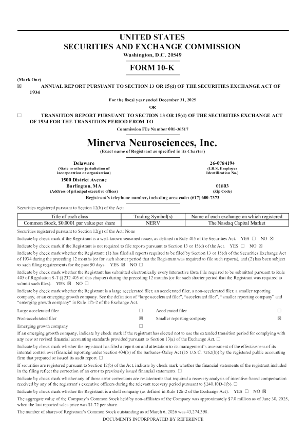 Minerva Neurosciences Inc 2025年度报告
