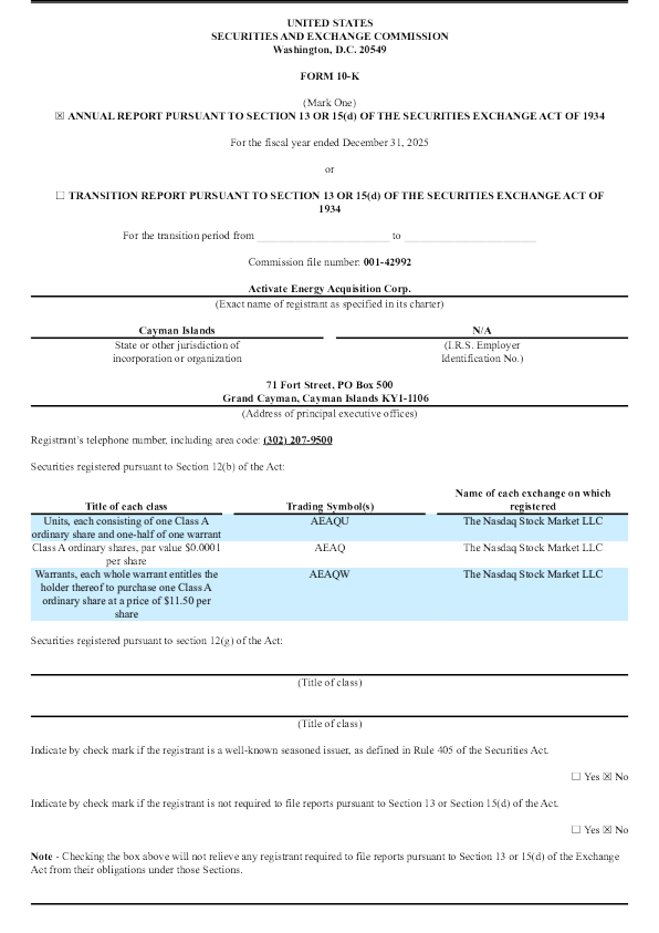 Activate Energy Acquisition Corp-A 2025年度报告
