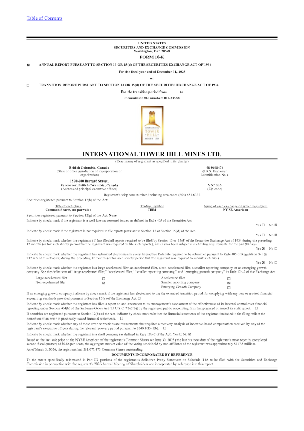 International Tower Hill Mines Ltd 2025年度报告