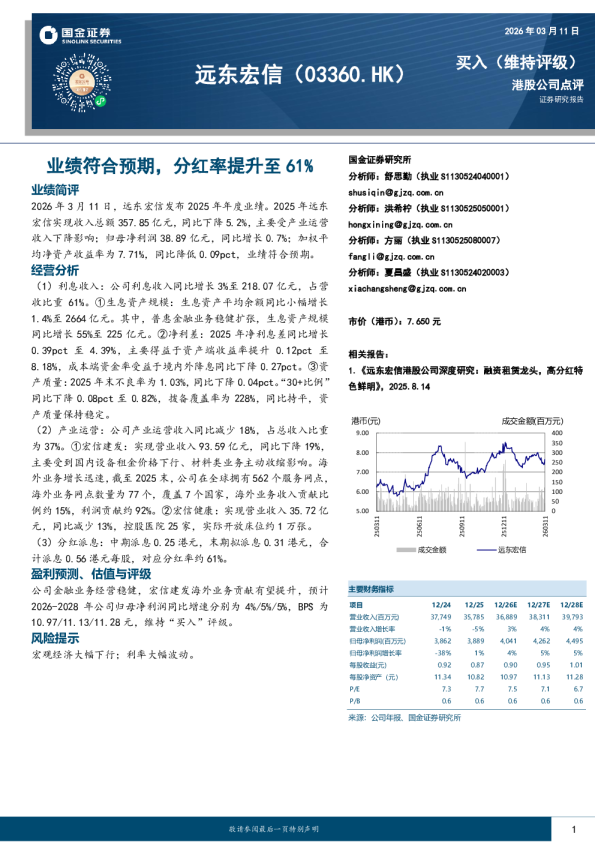 业绩符合预期,分红率提升至61%