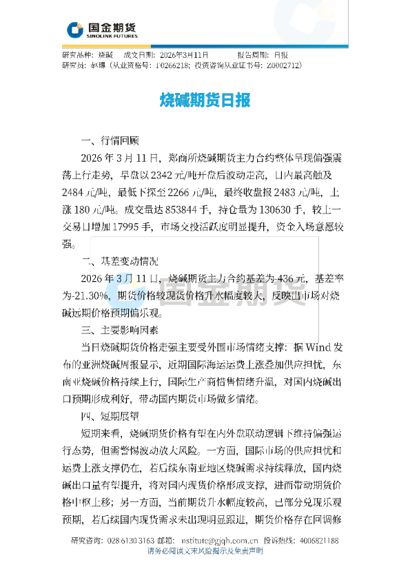 烧碱期货日报