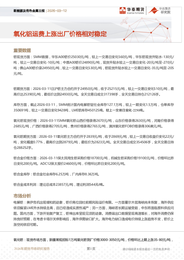 新能源及有色金属日报:氧化铝运费上涨出厂价格相对稳定