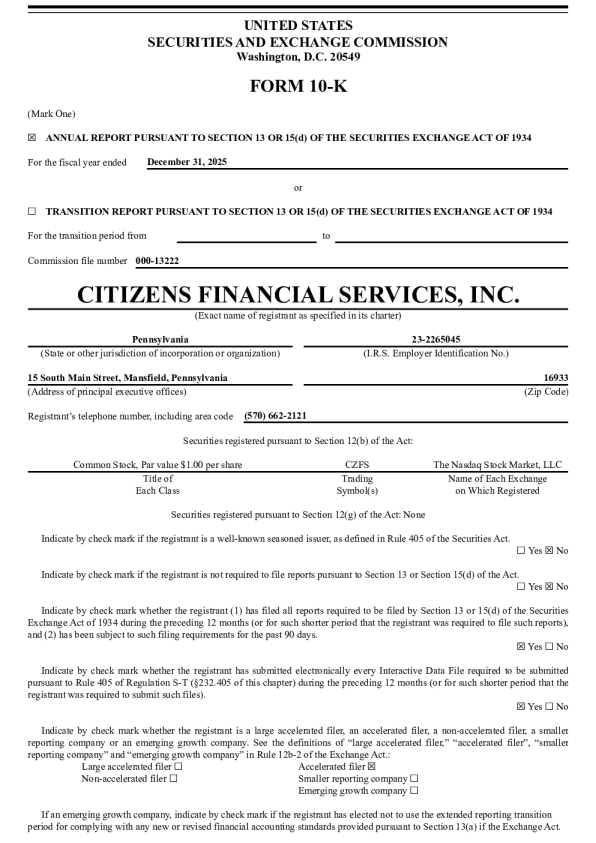 Citizens Financial Services Inc 2025年度报告