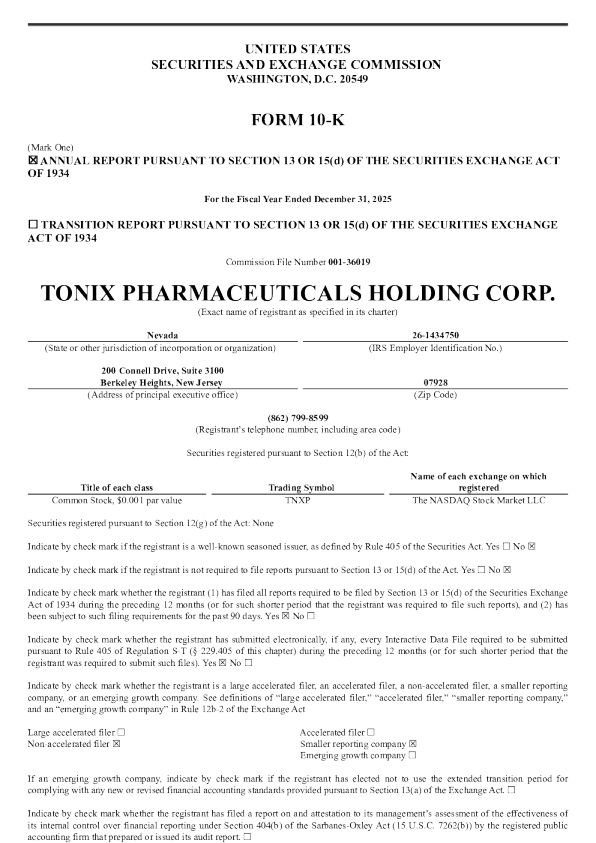 Tonix Pharmaceuticals Holding Corp 2025年度报告