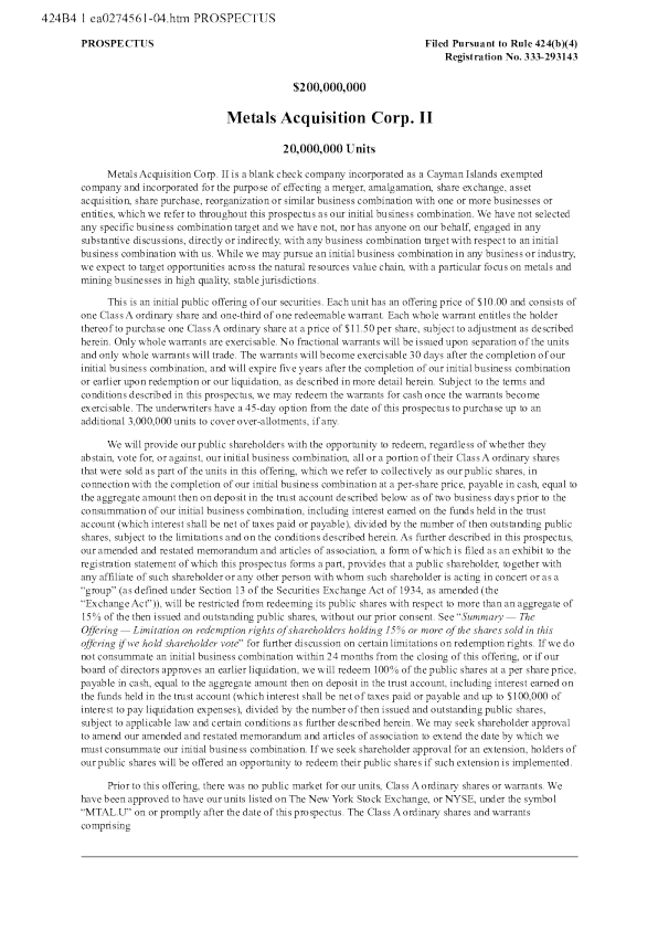 Metals Acquisition Corp II-A美股招股说明书(2026-03-12版)